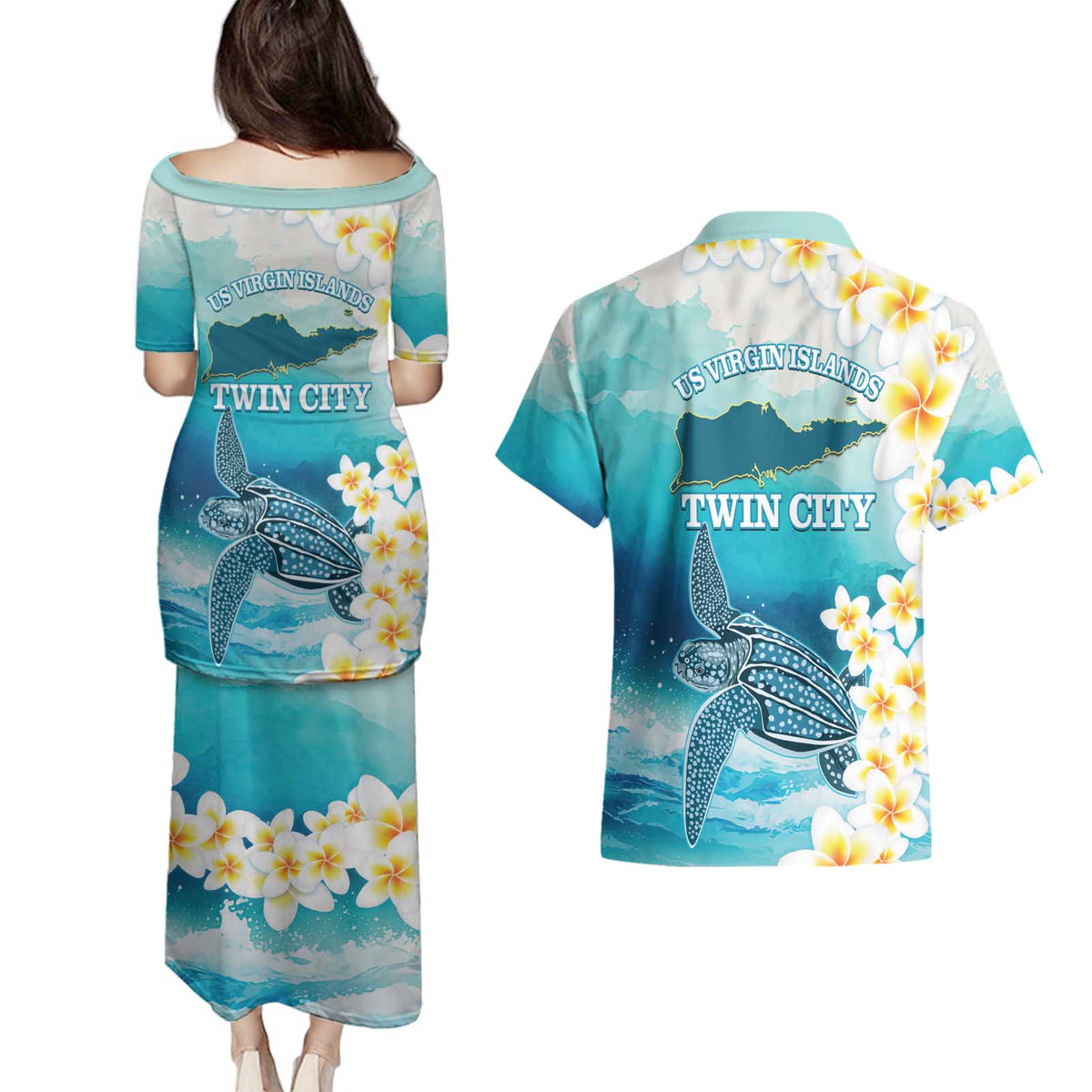 US Virgin Islands St Croix Couples Matching Puletasi and Hawaiian Shirt Twin City Leatherback With Plumeria