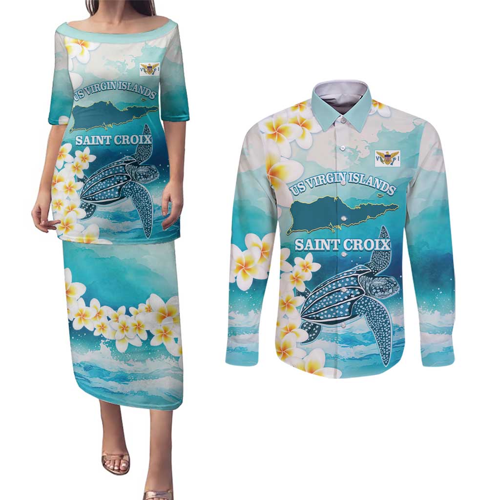 US Virgin Islands St Croix Couples Matching Puletasi and Long Sleeve Button Shirt Twin City Leatherback With Plumeria