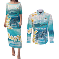 US Virgin Islands St Croix Couples Matching Puletasi and Long Sleeve Button Shirt Twin City Leatherback With Plumeria
