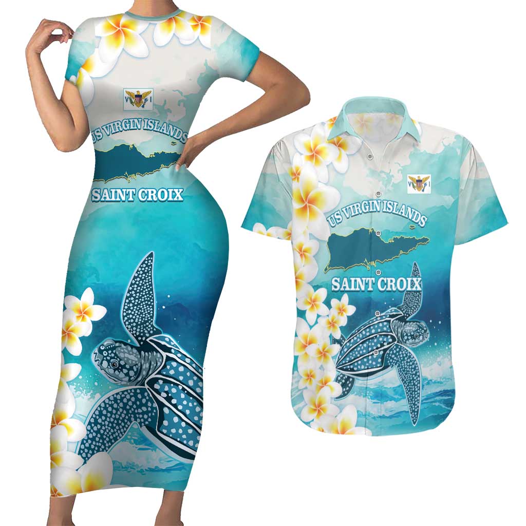 US Virgin Islands St Croix Couples Matching Short Sleeve Bodycon Dress and Hawaiian Shirt Twin City Leatherback With Plumeria