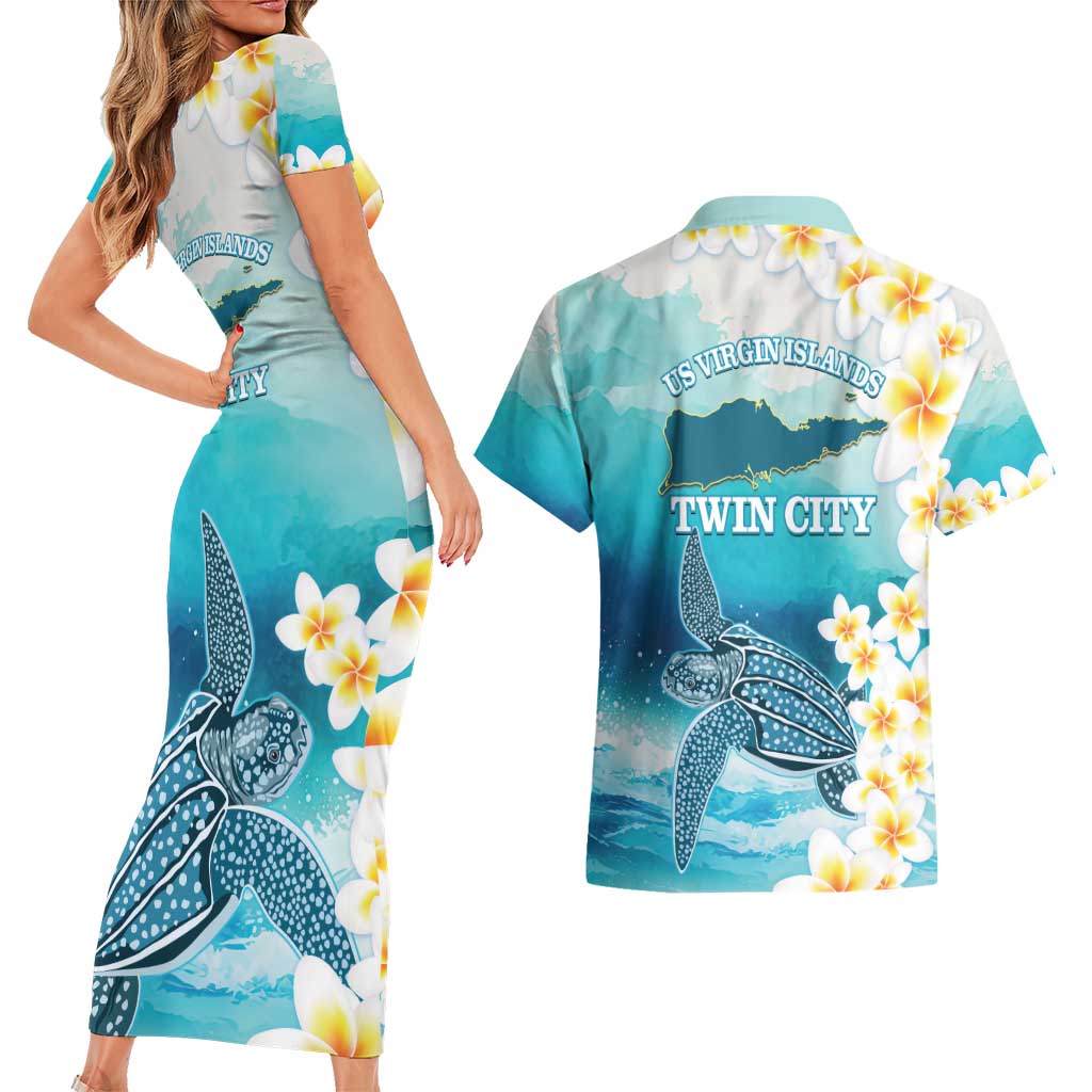 US Virgin Islands St Croix Couples Matching Short Sleeve Bodycon Dress and Hawaiian Shirt Twin City Leatherback With Plumeria