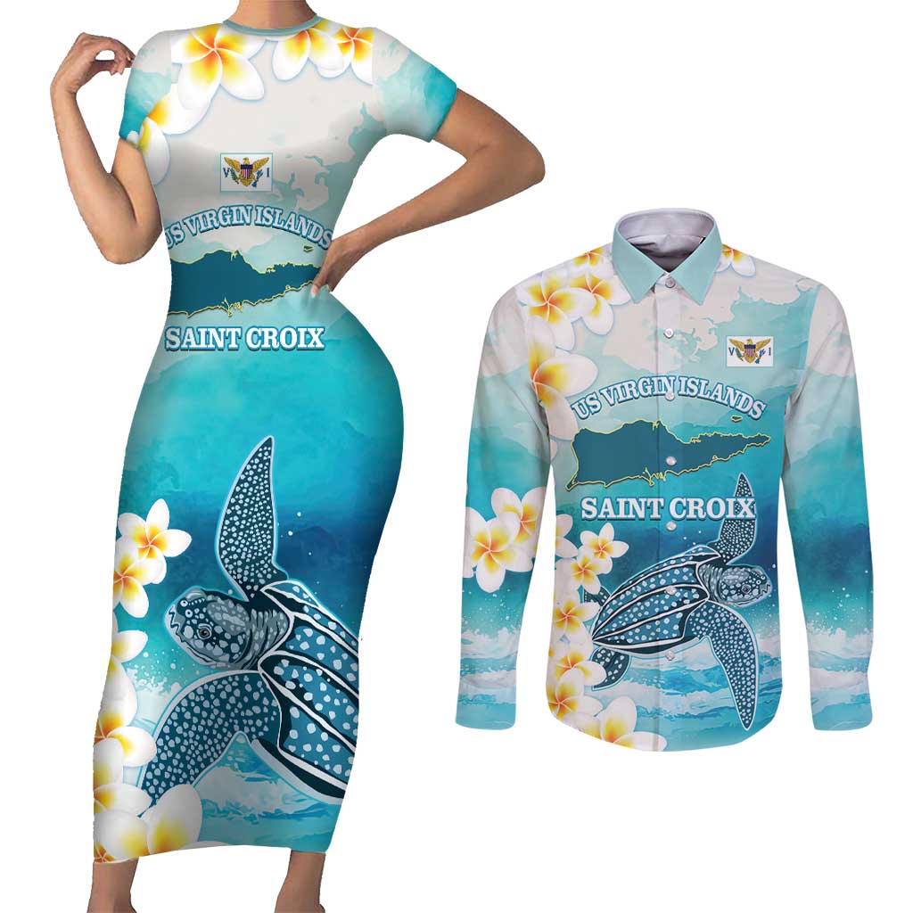 US Virgin Islands St Croix Couples Matching Short Sleeve Bodycon Dress and Long Sleeve Button Shirt Twin City Leatherback With Plumeria