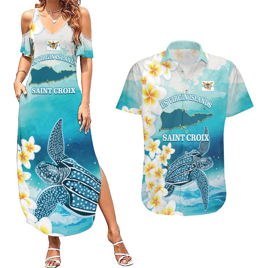 US Virgin Islands St Croix Couples Matching Summer Maxi Dress and Hawaiian Shirt Twin City Leatherback With Plumeria