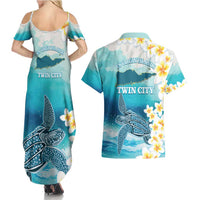 US Virgin Islands St Croix Couples Matching Summer Maxi Dress and Hawaiian Shirt Twin City Leatherback With Plumeria
