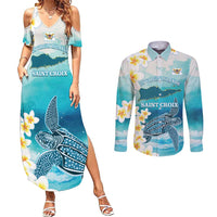 US Virgin Islands St Croix Couples Matching Summer Maxi Dress and Long Sleeve Button Shirt Twin City Leatherback With Plumeria
