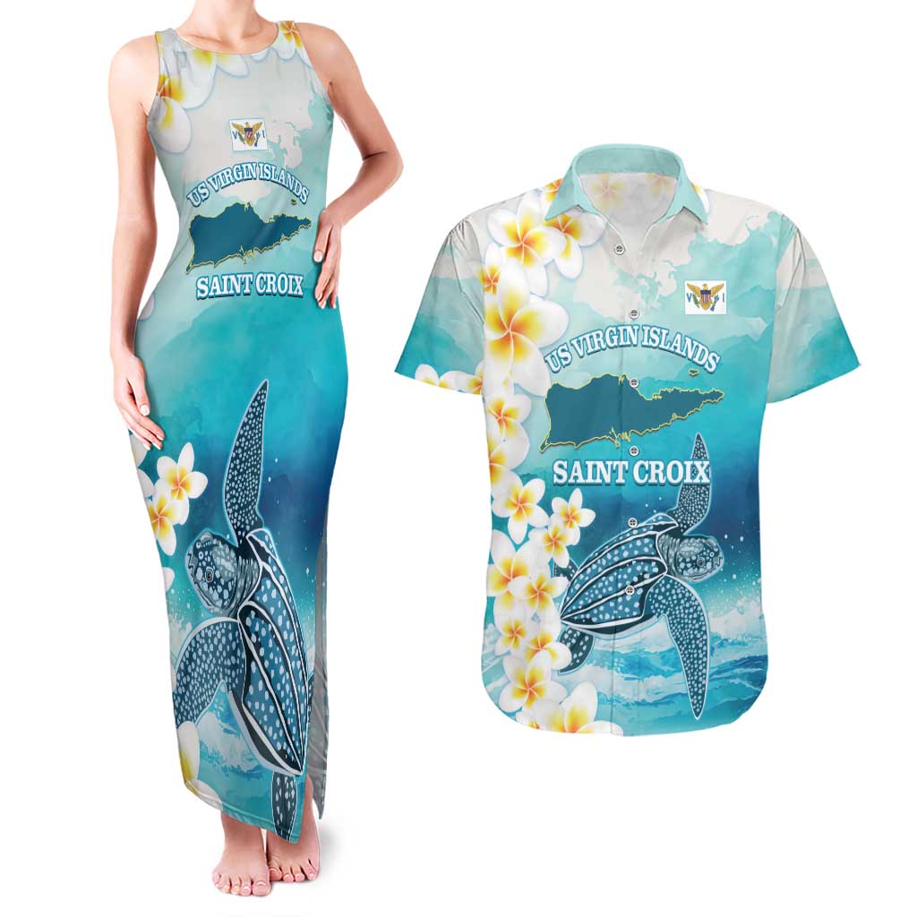 US Virgin Islands St Croix Couples Matching Tank Maxi Dress and Hawaiian Shirt Twin City Leatherback With Plumeria