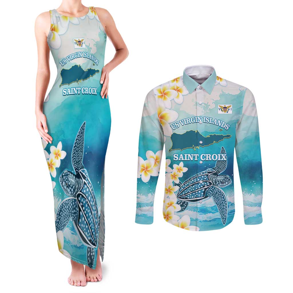US Virgin Islands St Croix Couples Matching Tank Maxi Dress and Long Sleeve Button Shirt Twin City Leatherback With Plumeria