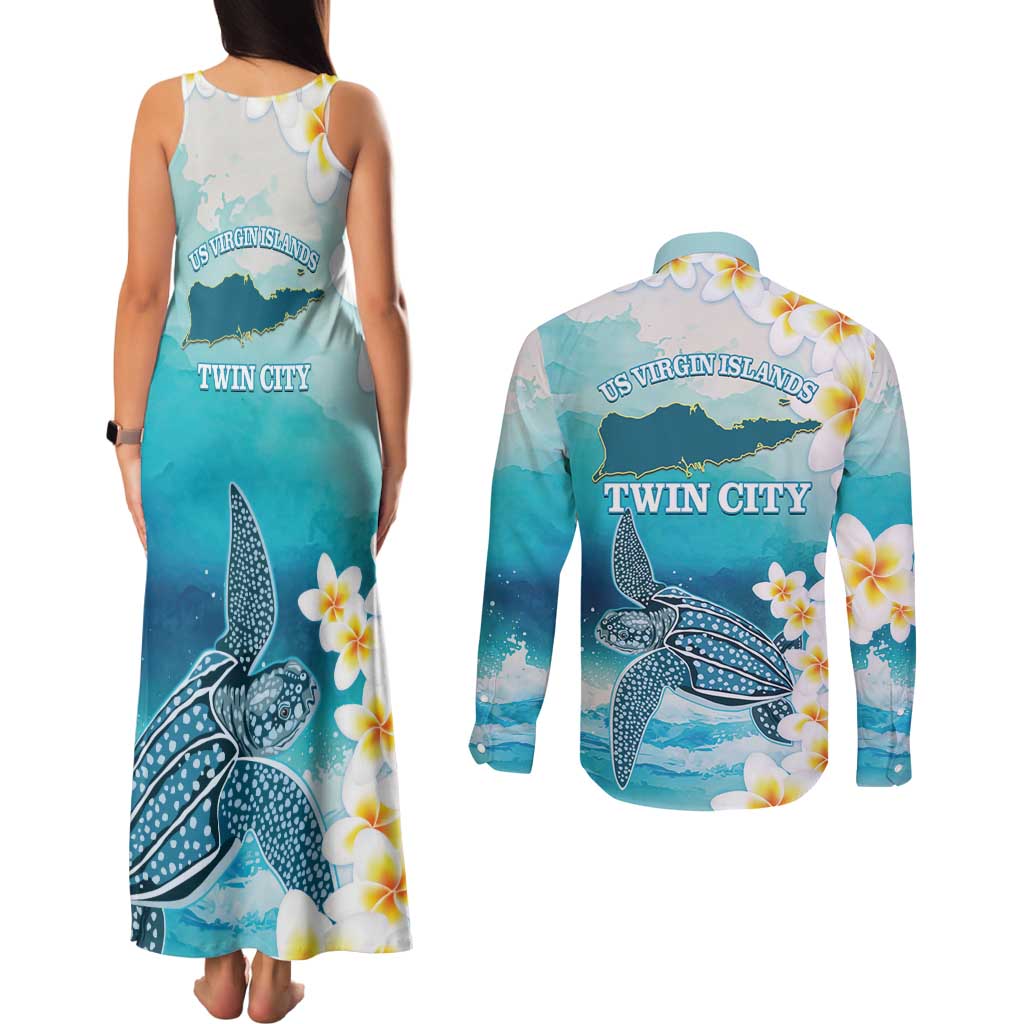 US Virgin Islands St Croix Couples Matching Tank Maxi Dress and Long Sleeve Button Shirt Twin City Leatherback With Plumeria