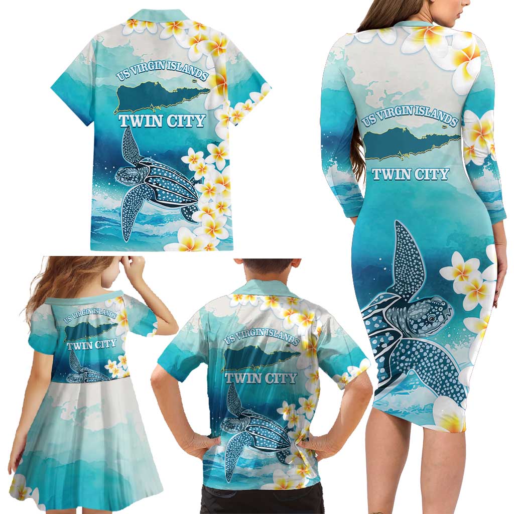 US Virgin Islands St Croix Family Matching Long Sleeve Bodycon Dress and Hawaiian Shirt Twin City Leatherback With Plumeria - Wonder Print Shop