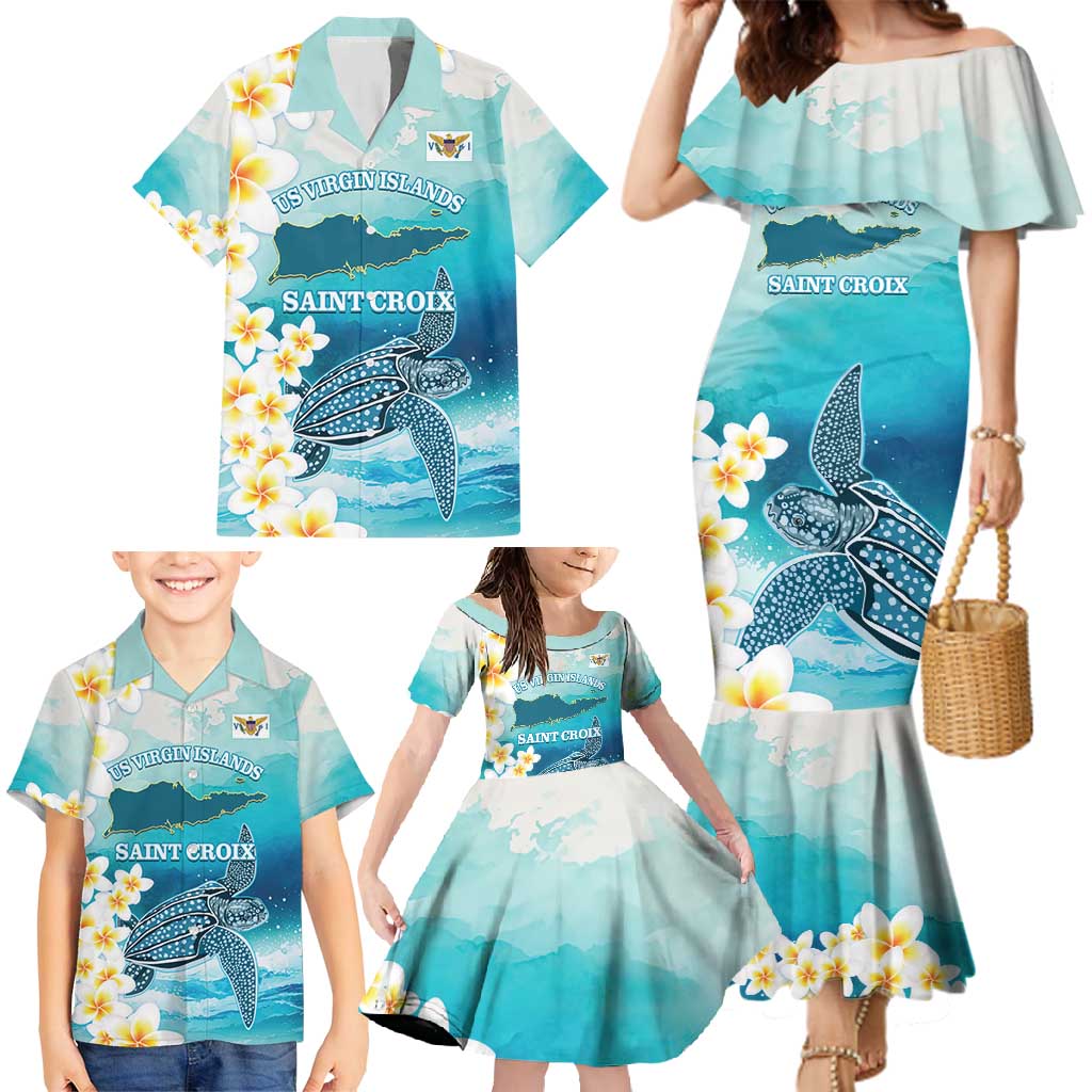 US Virgin Islands St Croix Family Matching Mermaid Dress and Hawaiian Shirt Twin City Leatherback With Plumeria - Wonder Print Shop