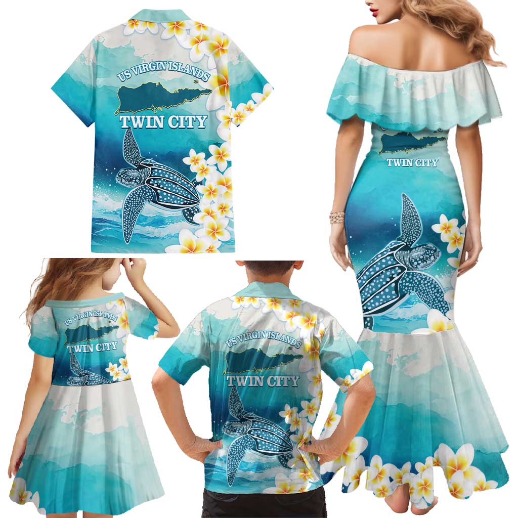 US Virgin Islands St Croix Family Matching Mermaid Dress and Hawaiian Shirt Twin City Leatherback With Plumeria - Wonder Print Shop
