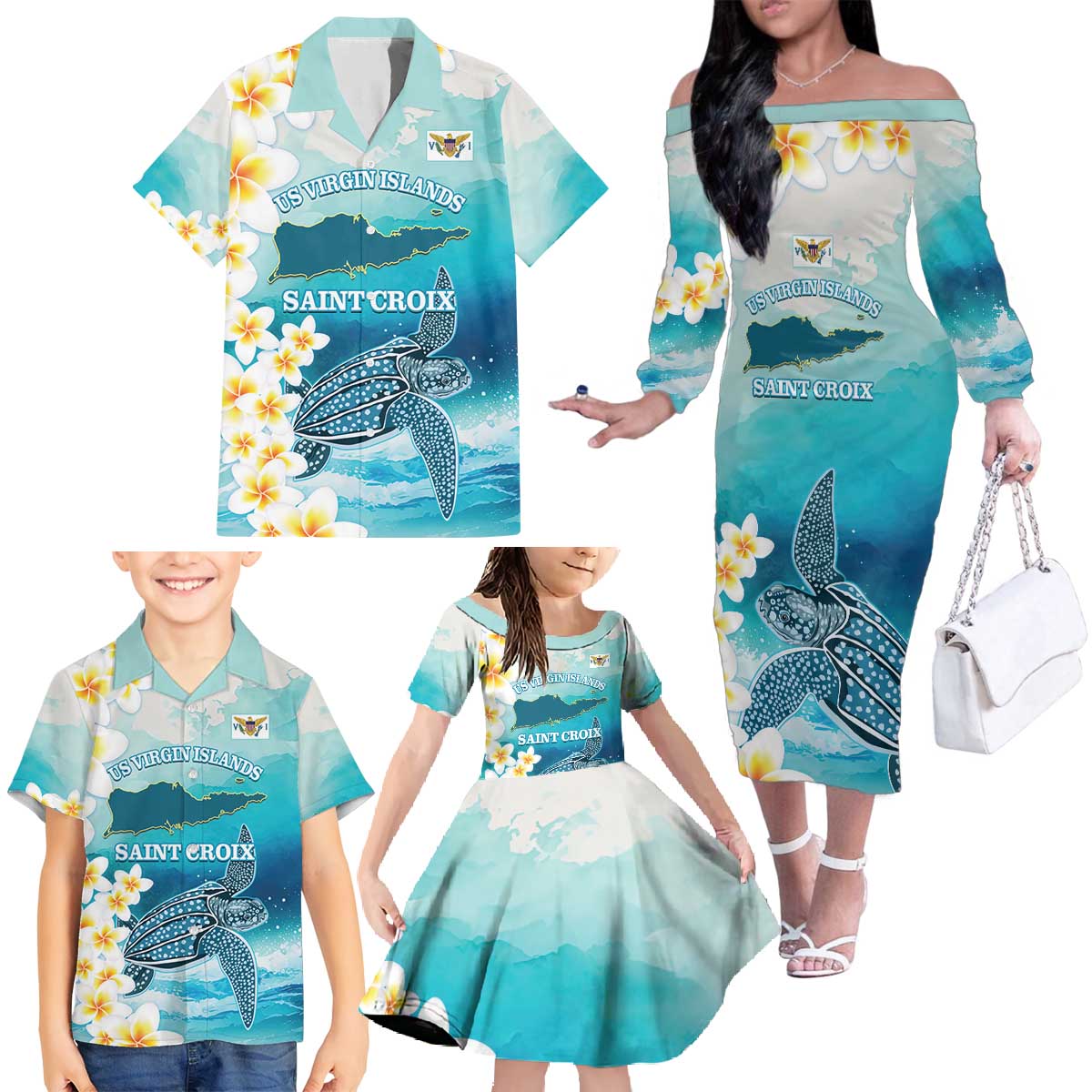 US Virgin Islands St Croix Family Matching Off The Shoulder Long Sleeve Dress and Hawaiian Shirt Twin City Leatherback With Plumeria