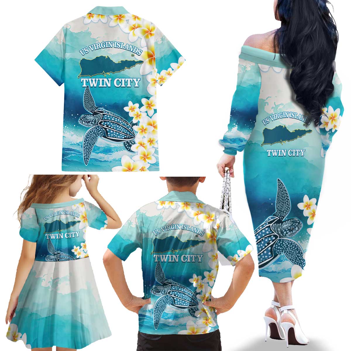 US Virgin Islands St Croix Family Matching Off The Shoulder Long Sleeve Dress and Hawaiian Shirt Twin City Leatherback With Plumeria