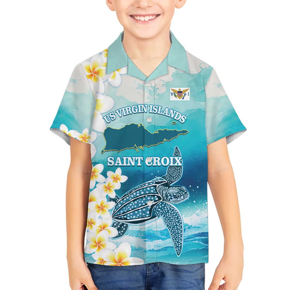 US Virgin Islands St Croix Family Matching Off The Shoulder Long Sleeve Dress and Hawaiian Shirt Twin City Leatherback With Plumeria