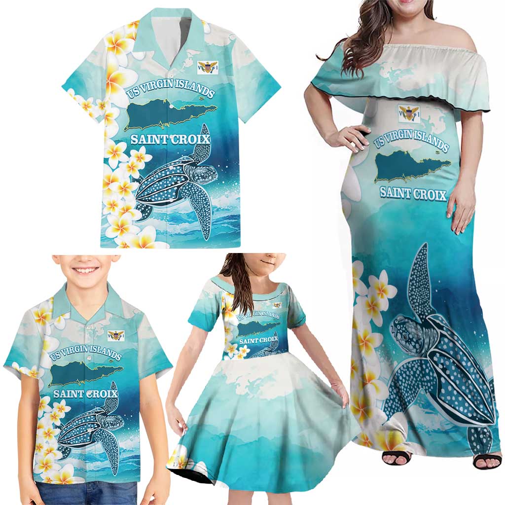 US Virgin Islands St Croix Family Matching Off Shoulder Maxi Dress and Hawaiian Shirt Twin City Leatherback With Plumeria - Wonder Print Shop