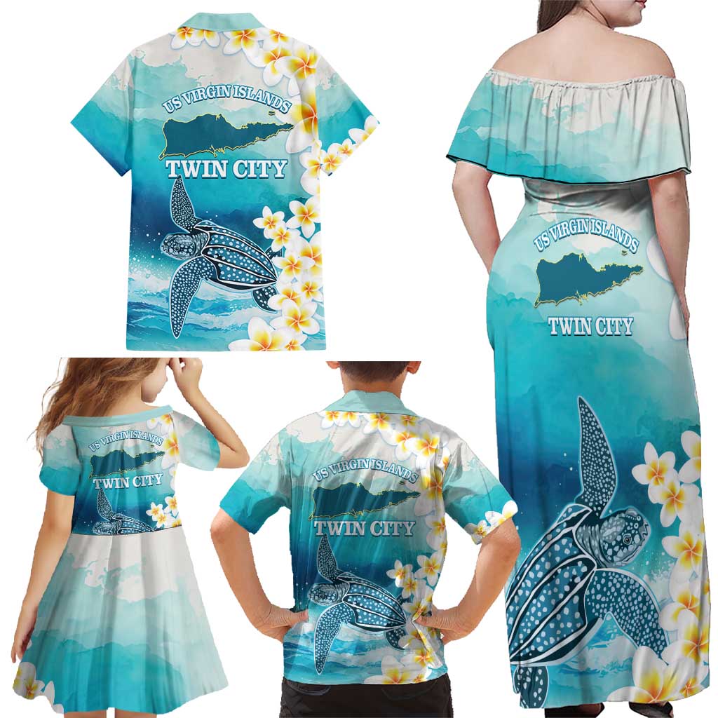 US Virgin Islands St Croix Family Matching Off Shoulder Maxi Dress and Hawaiian Shirt Twin City Leatherback With Plumeria - Wonder Print Shop