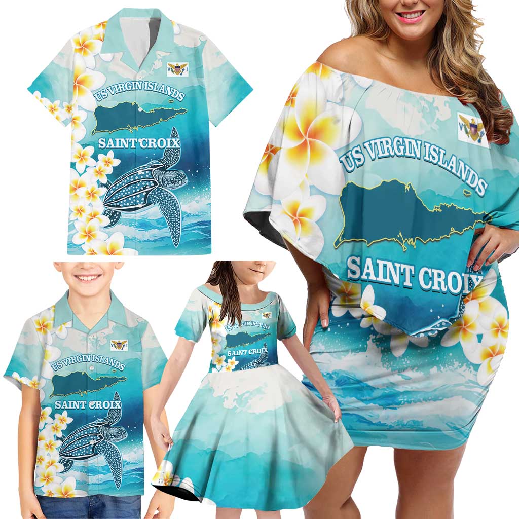 US Virgin Islands St Croix Family Matching Off Shoulder Short Dress and Hawaiian Shirt Twin City Leatherback With Plumeria - Wonder Print Shop