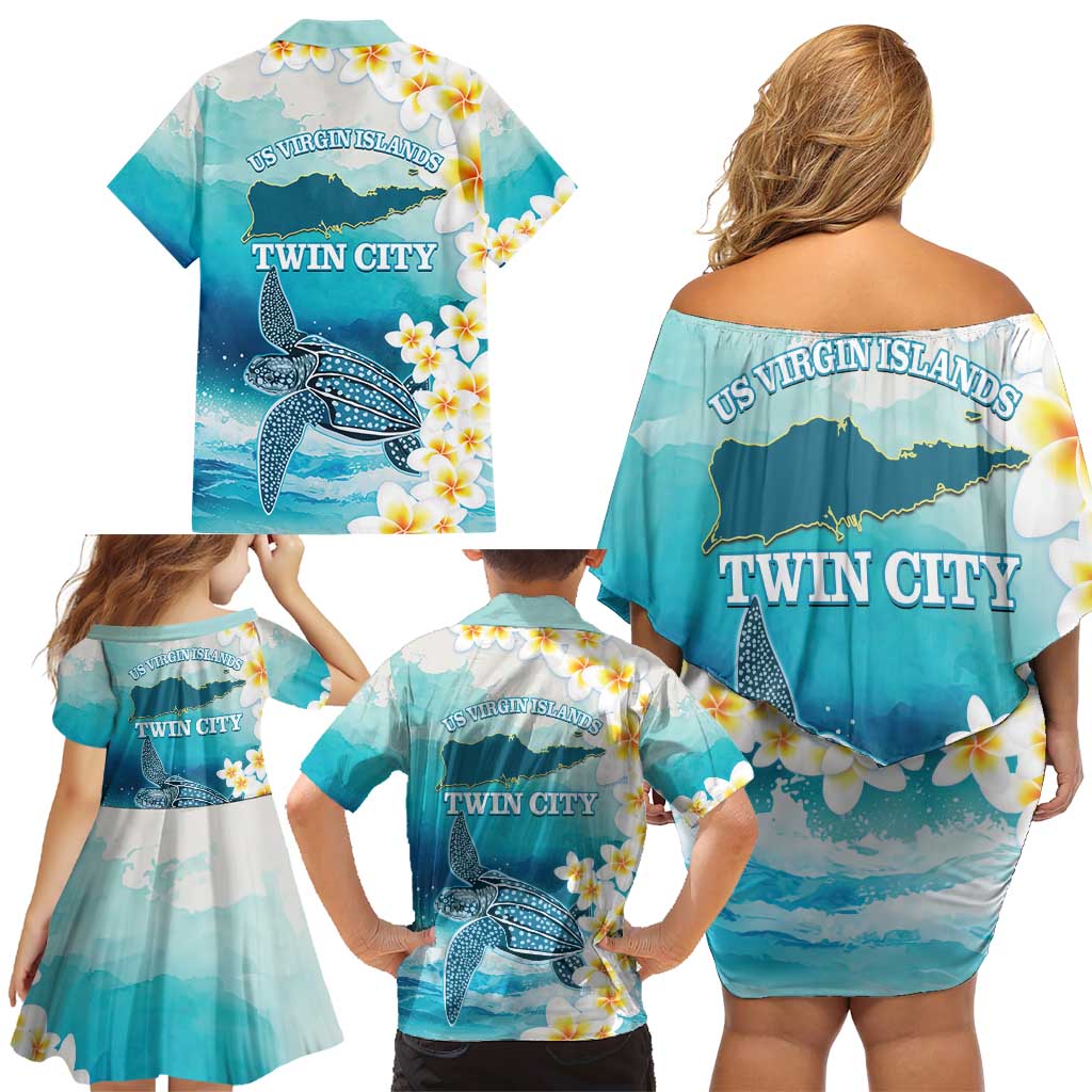 US Virgin Islands St Croix Family Matching Off Shoulder Short Dress and Hawaiian Shirt Twin City Leatherback With Plumeria - Wonder Print Shop
