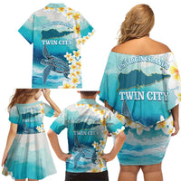 US Virgin Islands St Croix Family Matching Off Shoulder Short Dress and Hawaiian Shirt Twin City Leatherback With Plumeria - Wonder Print Shop