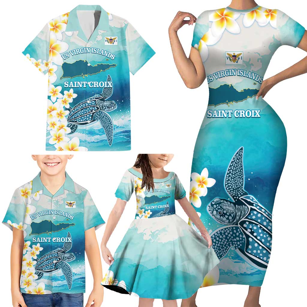 US Virgin Islands St Croix Family Matching Short Sleeve Bodycon Dress and Hawaiian Shirt Twin City Leatherback With Plumeria - Wonder Print Shop