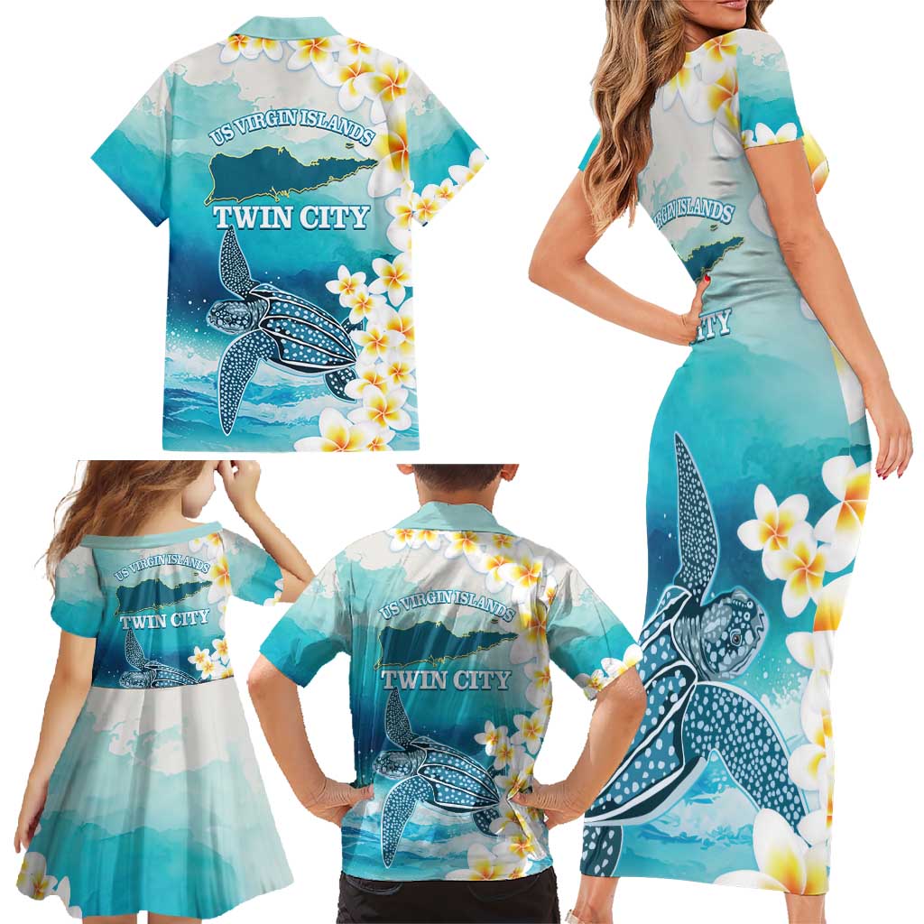 US Virgin Islands St Croix Family Matching Short Sleeve Bodycon Dress and Hawaiian Shirt Twin City Leatherback With Plumeria - Wonder Print Shop