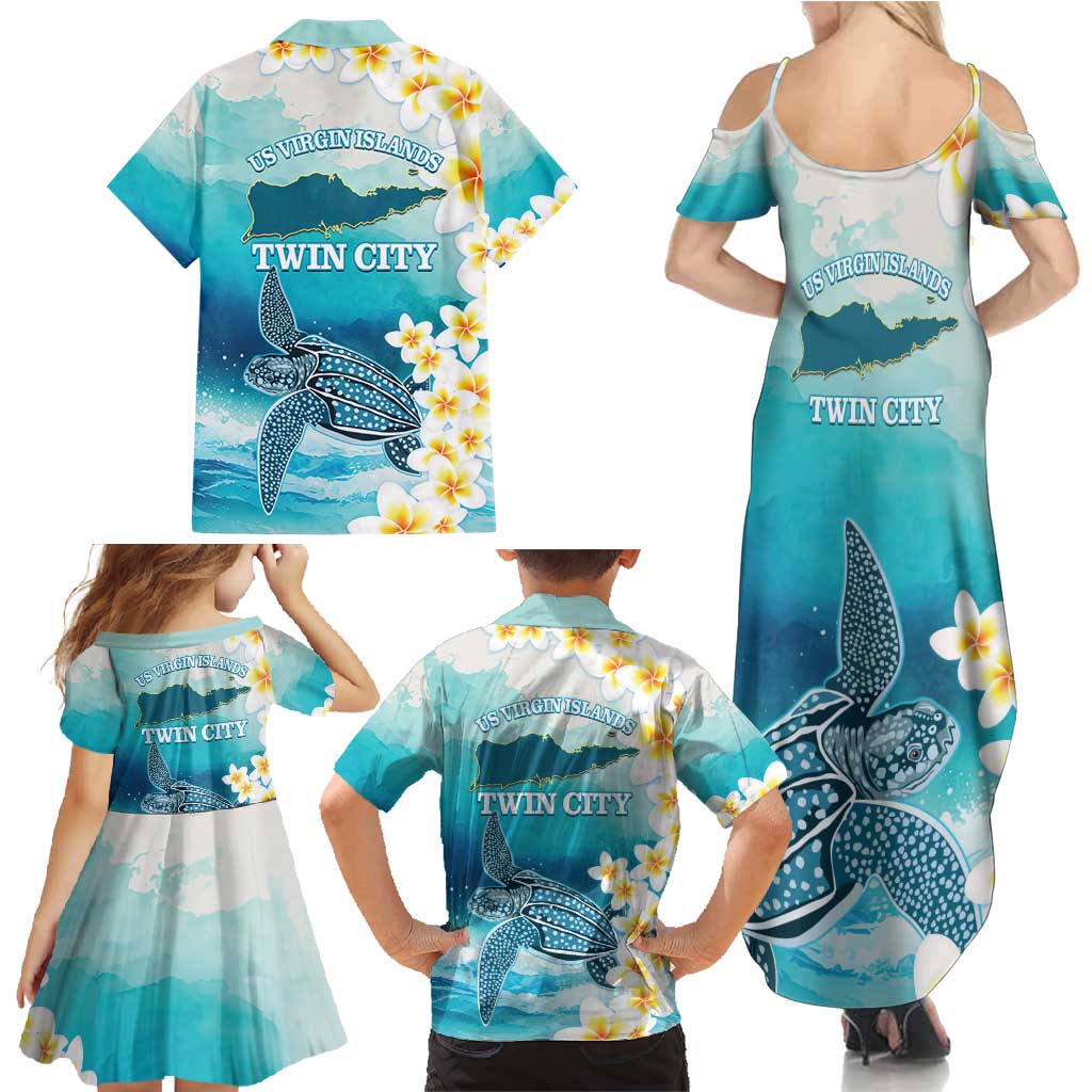 US Virgin Islands St Croix Family Matching Summer Maxi Dress and Hawaiian Shirt Twin City Leatherback With Plumeria - Wonder Print Shop