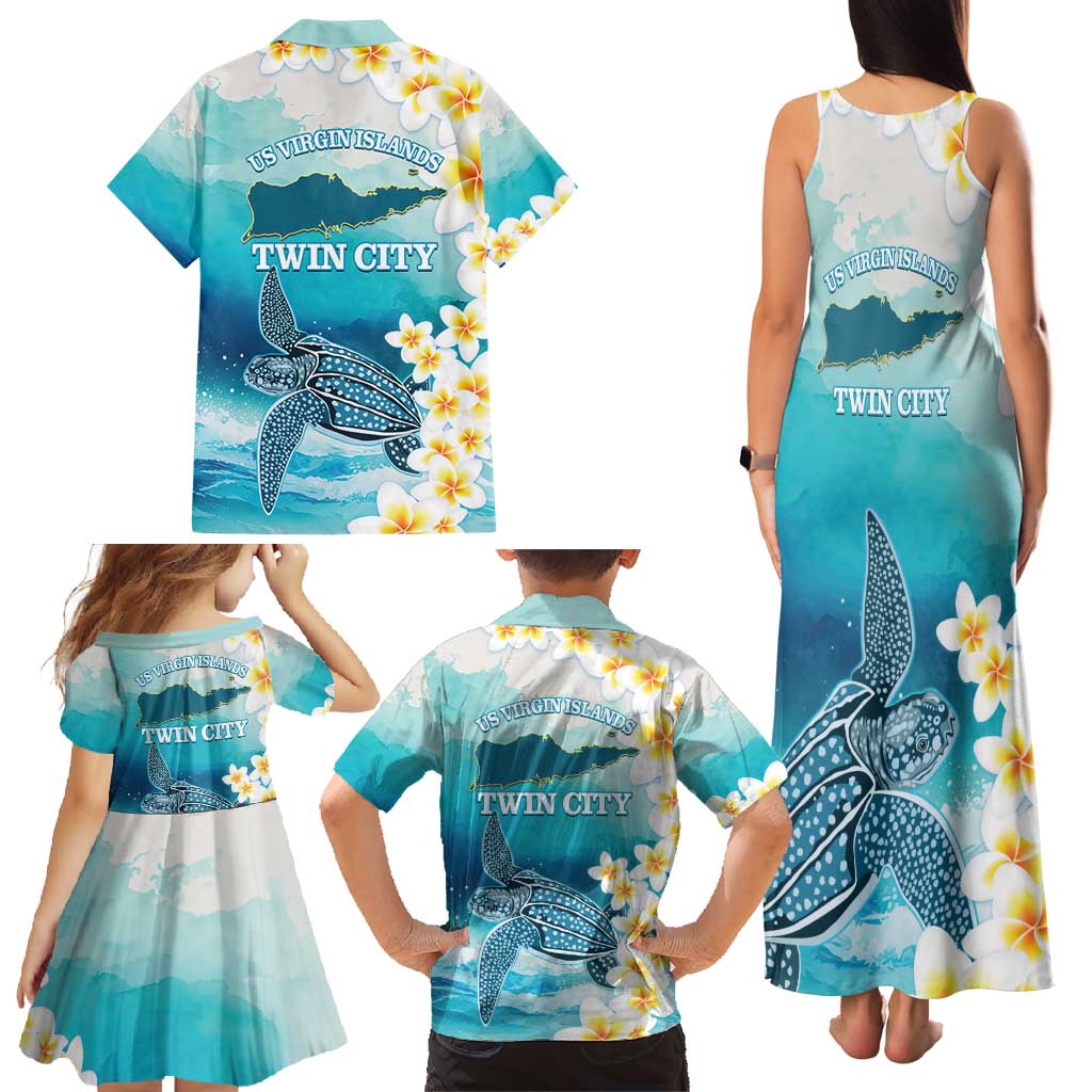 US Virgin Islands St Croix Family Matching Tank Maxi Dress and Hawaiian Shirt Twin City Leatherback With Plumeria - Wonder Print Shop
