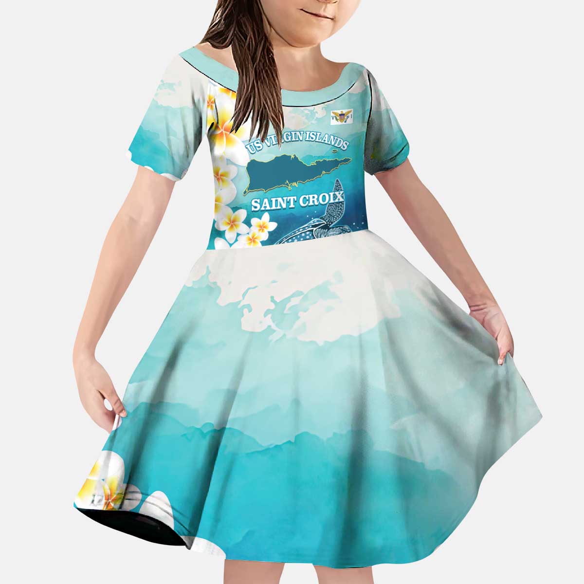US Virgin Islands St Croix Kid Short Sleeve Dress Twin City Leatherback With Plumeria - Wonder Print Shop