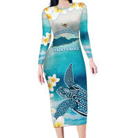 US Virgin Islands St Croix Long Sleeve Bodycon Dress Twin City Leatherback With Plumeria - Wonder Print Shop