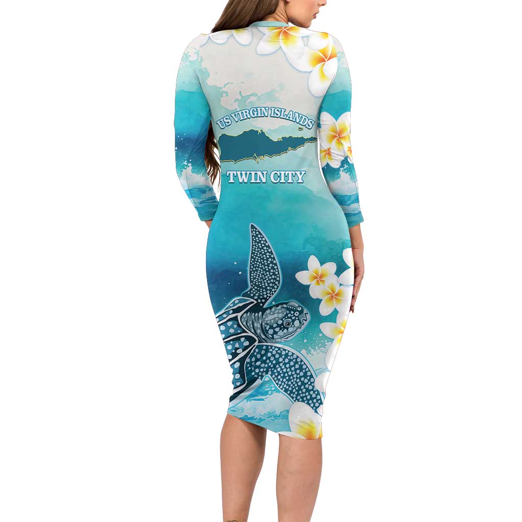 US Virgin Islands St Croix Long Sleeve Bodycon Dress Twin City Leatherback With Plumeria - Wonder Print Shop