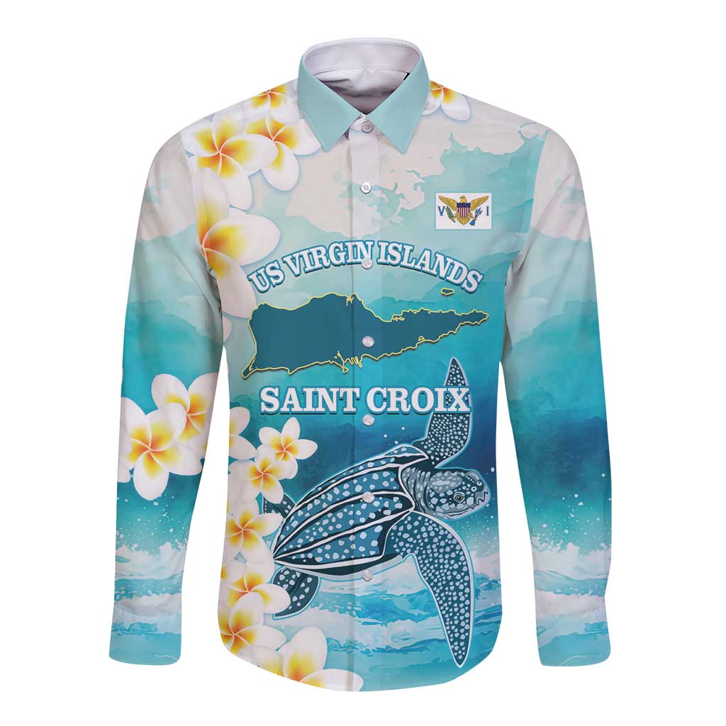 US Virgin Islands St Croix Long Sleeve Button Shirt Twin City Leatherback With Plumeria