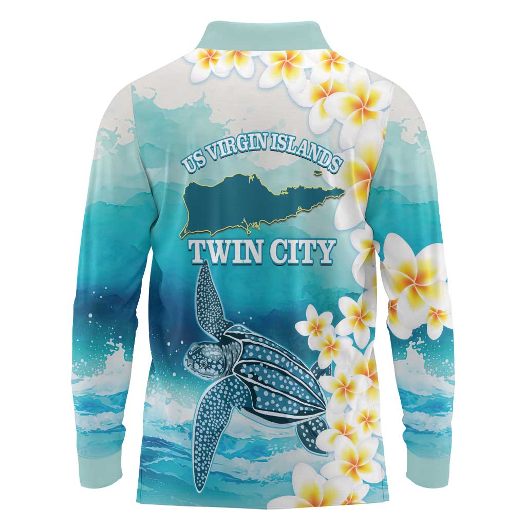 US Virgin Islands St Croix Long Sleeve Polo Shirt Twin City Leatherback With Plumeria - Wonder Print Shop