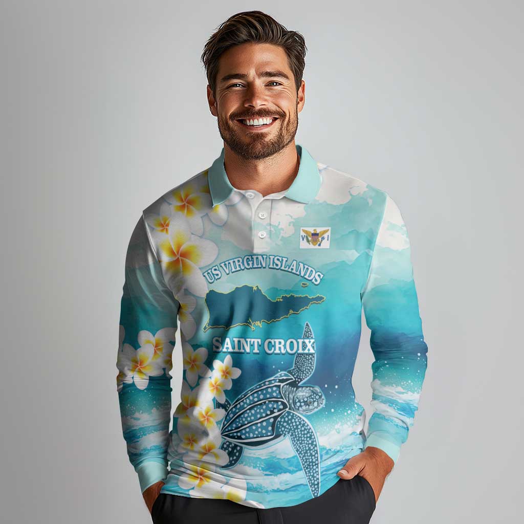 US Virgin Islands St Croix Long Sleeve Polo Shirt Twin City Leatherback With Plumeria - Wonder Print Shop