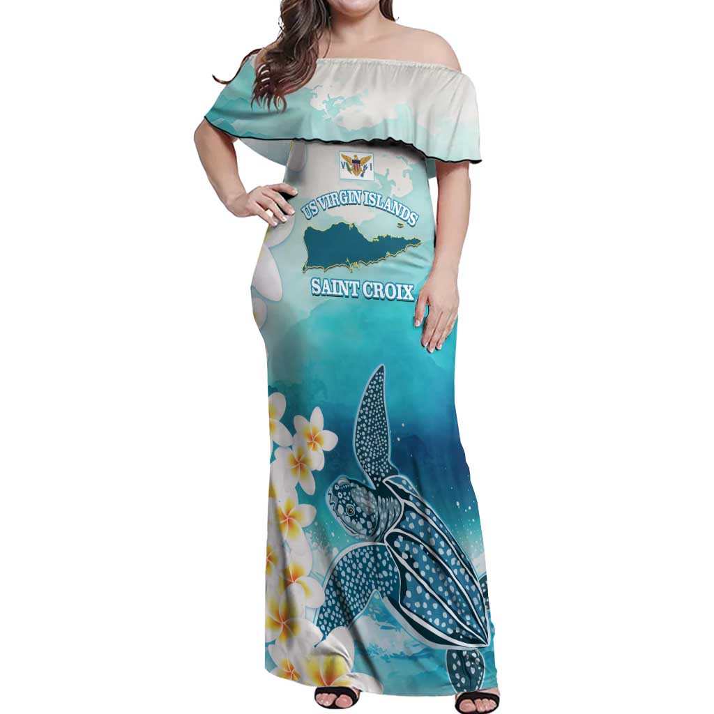US Virgin Islands St Croix Off Shoulder Maxi Dress Twin City Leatherback With Plumeria - Wonder Print Shop
