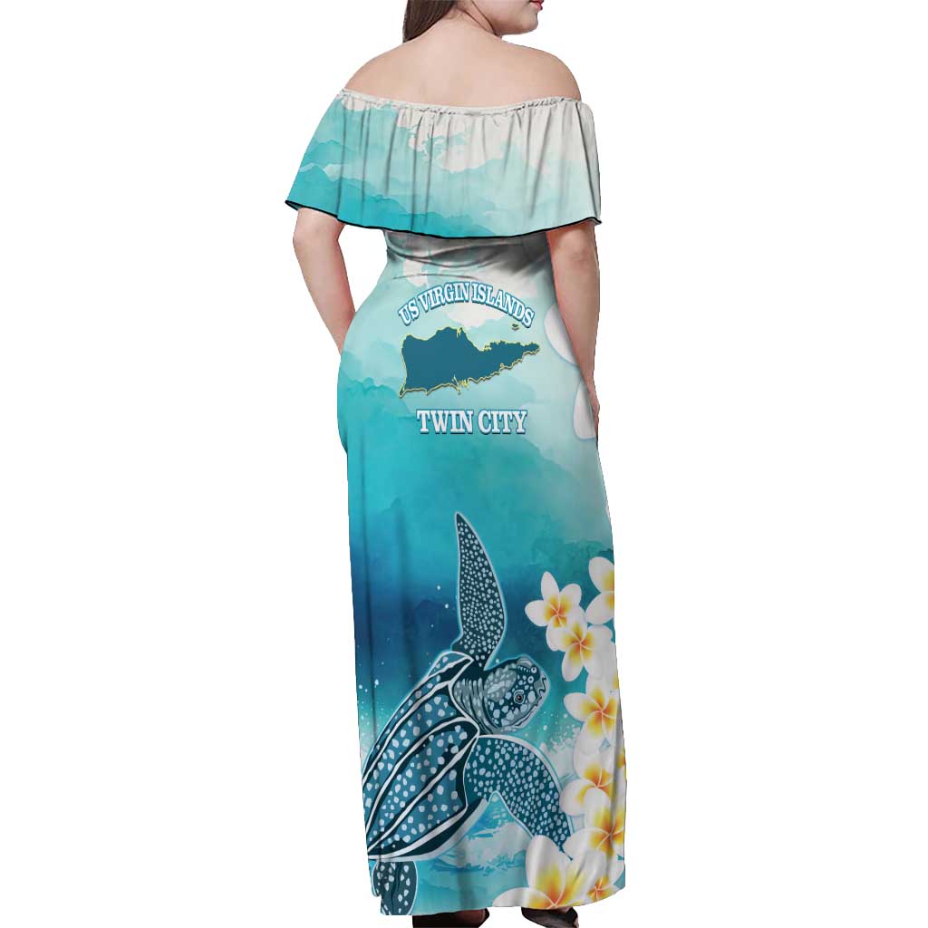 US Virgin Islands St Croix Off Shoulder Maxi Dress Twin City Leatherback With Plumeria - Wonder Print Shop