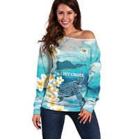 US Virgin Islands St Croix Off Shoulder Sweater Twin City Leatherback With Plumeria - Wonder Print Shop
