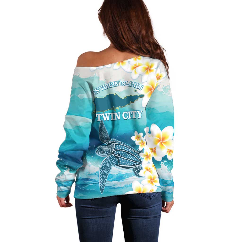 US Virgin Islands St Croix Off Shoulder Sweater Twin City Leatherback With Plumeria - Wonder Print Shop