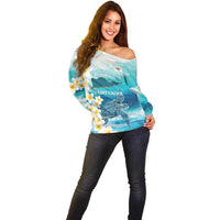 US Virgin Islands St Croix Off Shoulder Sweater Twin City Leatherback With Plumeria - Wonder Print Shop
