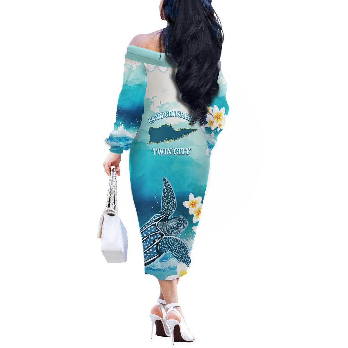 US Virgin Islands St Croix Off The Shoulder Long Sleeve Dress Twin City Leatherback With Plumeria - Wonder Print Shop