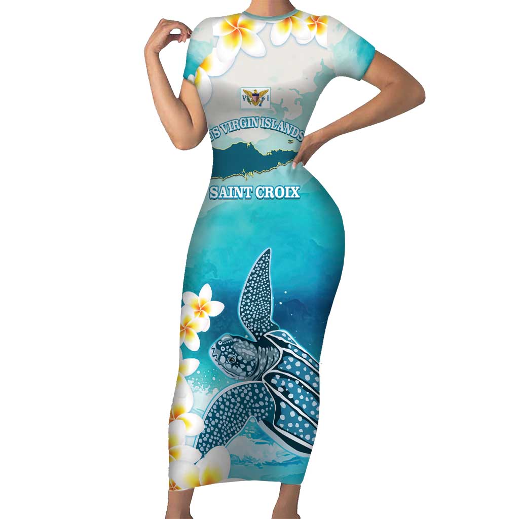 US Virgin Islands St Croix Short Sleeve Bodycon Dress Twin City Leatherback With Plumeria - Wonder Print Shop