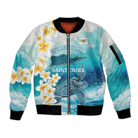 US Virgin Islands St Croix Sleeve Zip Bomber Jacket Twin City Leatherback With Plumeria - Wonder Print Shop