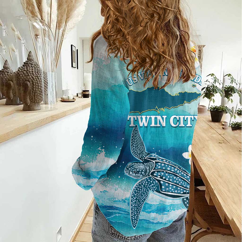 US Virgin Islands St Croix Women Casual Shirt Twin City Leatherback With Plumeria - Wonder Print Shop