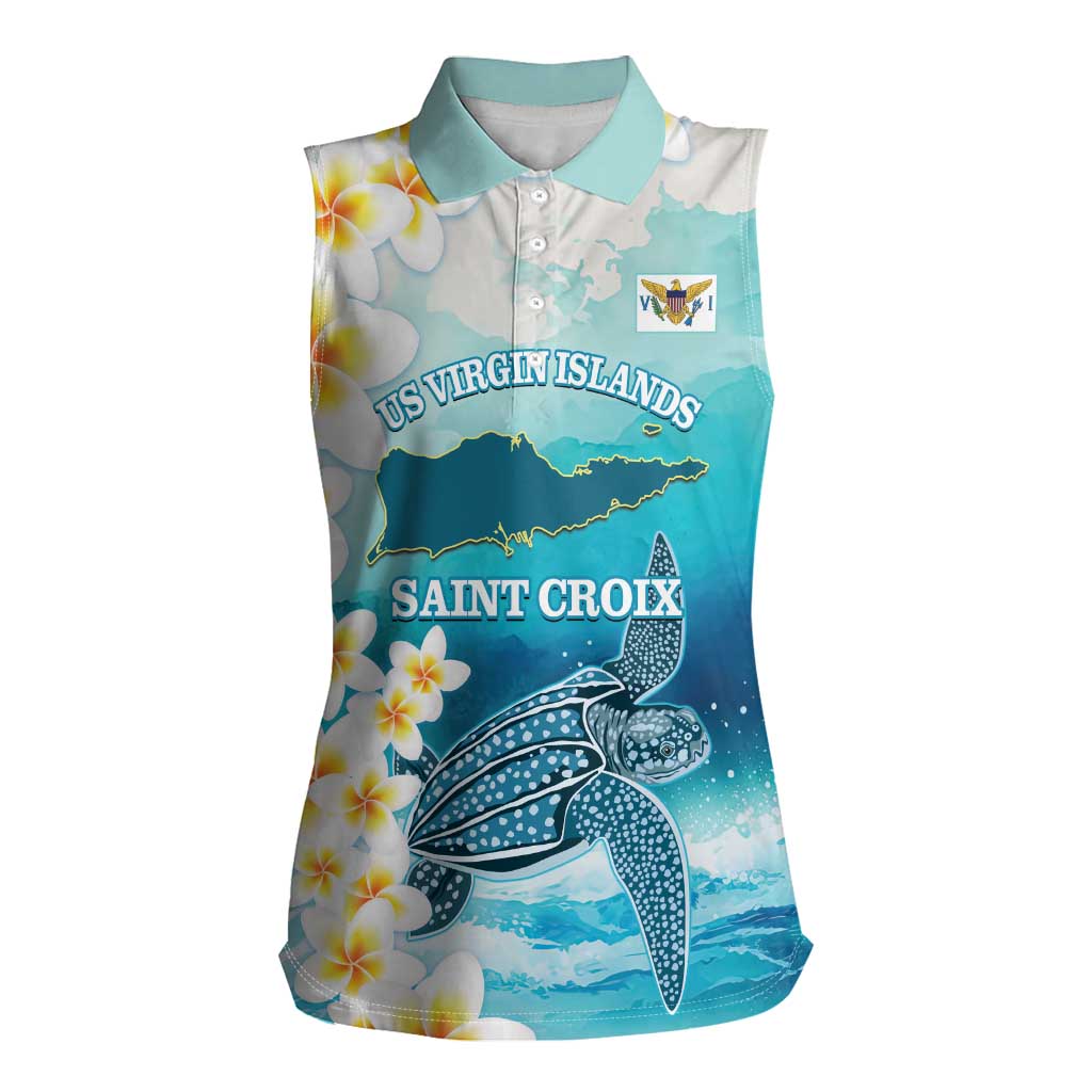 US Virgin Islands St Croix Women Sleeveless Polo Shirt Twin City Leatherback With Plumeria - Wonder Print Shop