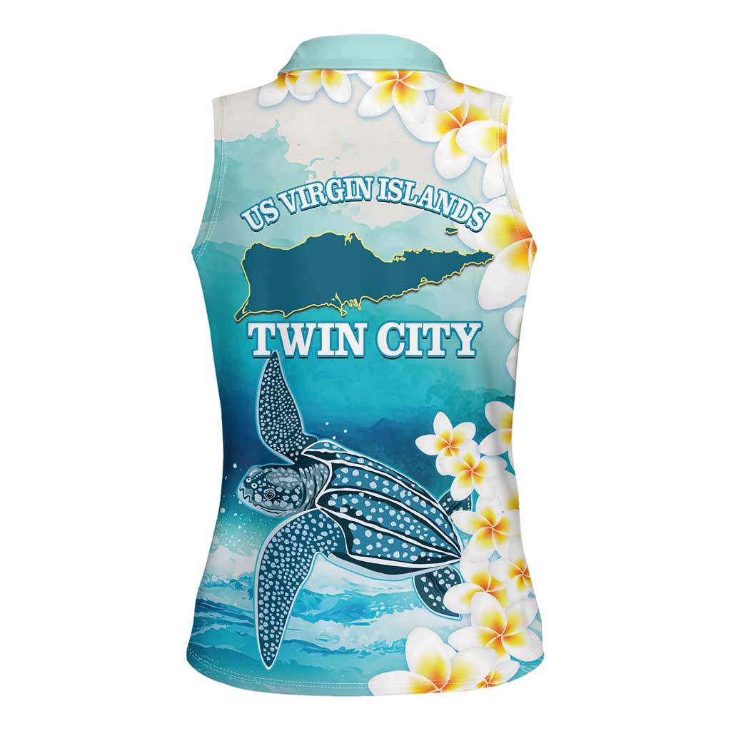 US Virgin Islands St Croix Women Sleeveless Polo Shirt Twin City Leatherback With Plumeria - Wonder Print Shop