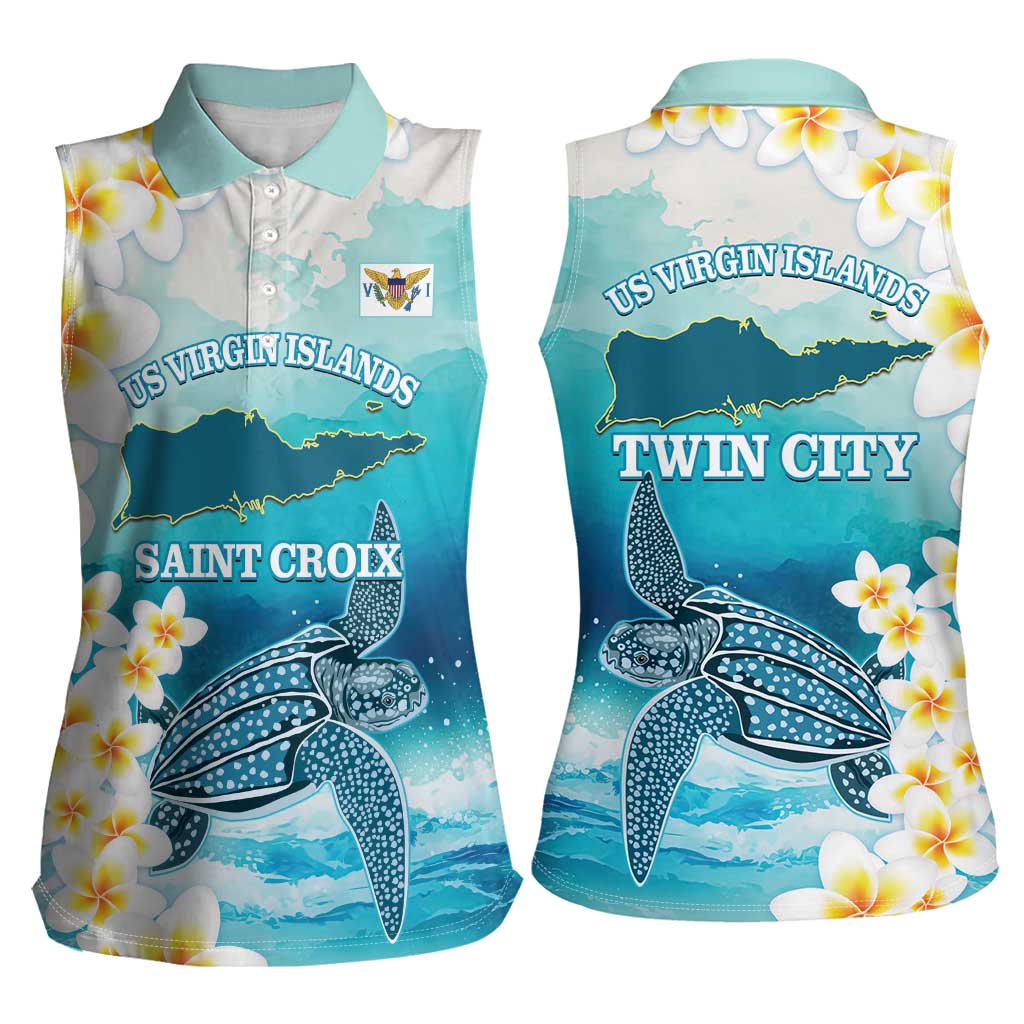 US Virgin Islands St Croix Women Sleeveless Polo Shirt Twin City Leatherback With Plumeria - Wonder Print Shop