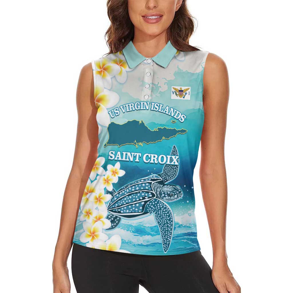 US Virgin Islands St Croix Women Sleeveless Polo Shirt Twin City Leatherback With Plumeria - Wonder Print Shop