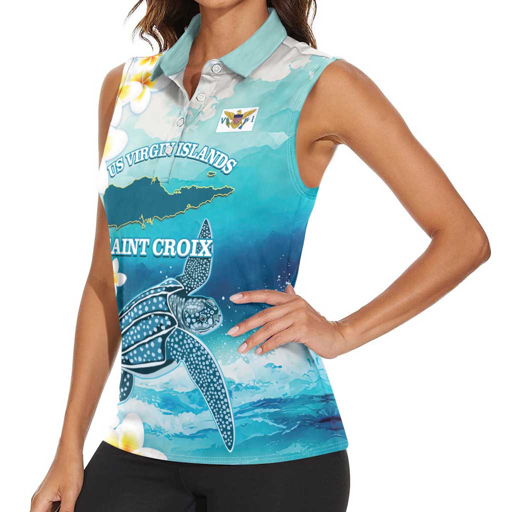 US Virgin Islands St Croix Women Sleeveless Polo Shirt Twin City Leatherback With Plumeria - Wonder Print Shop