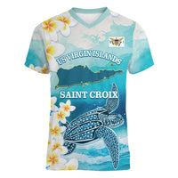 US Virgin Islands St Croix Women V-Neck T-Shirt Twin City Leatherback With Plumeria - Wonder Print Shop