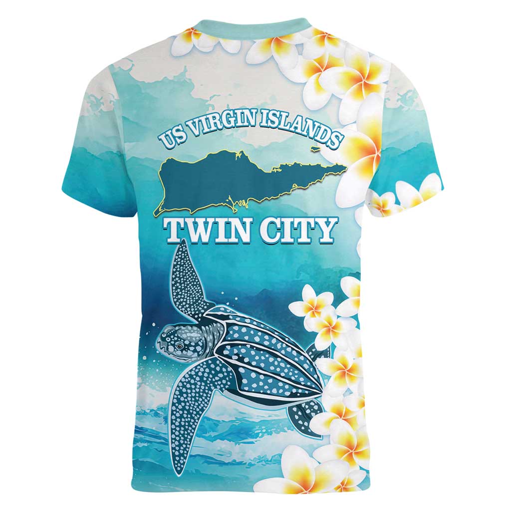 US Virgin Islands St Croix Women V-Neck T-Shirt Twin City Leatherback With Plumeria - Wonder Print Shop