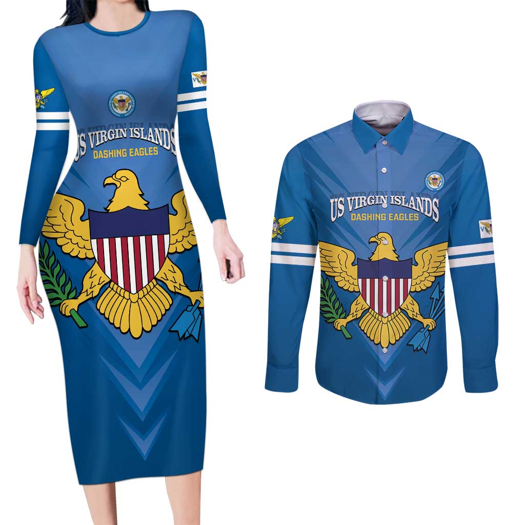 Custom US Virgin Islands Soccer Couples Matching Long Sleeve Bodycon Dress and Long Sleeve Button Shirt Go Dashing Eagles Sporty Style